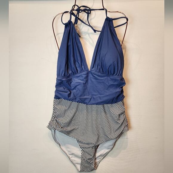 New Blue One Piece Swimsuit Tummy Control Halter Slimming Bathing 802 Suit XXL - Picture 2 of 8